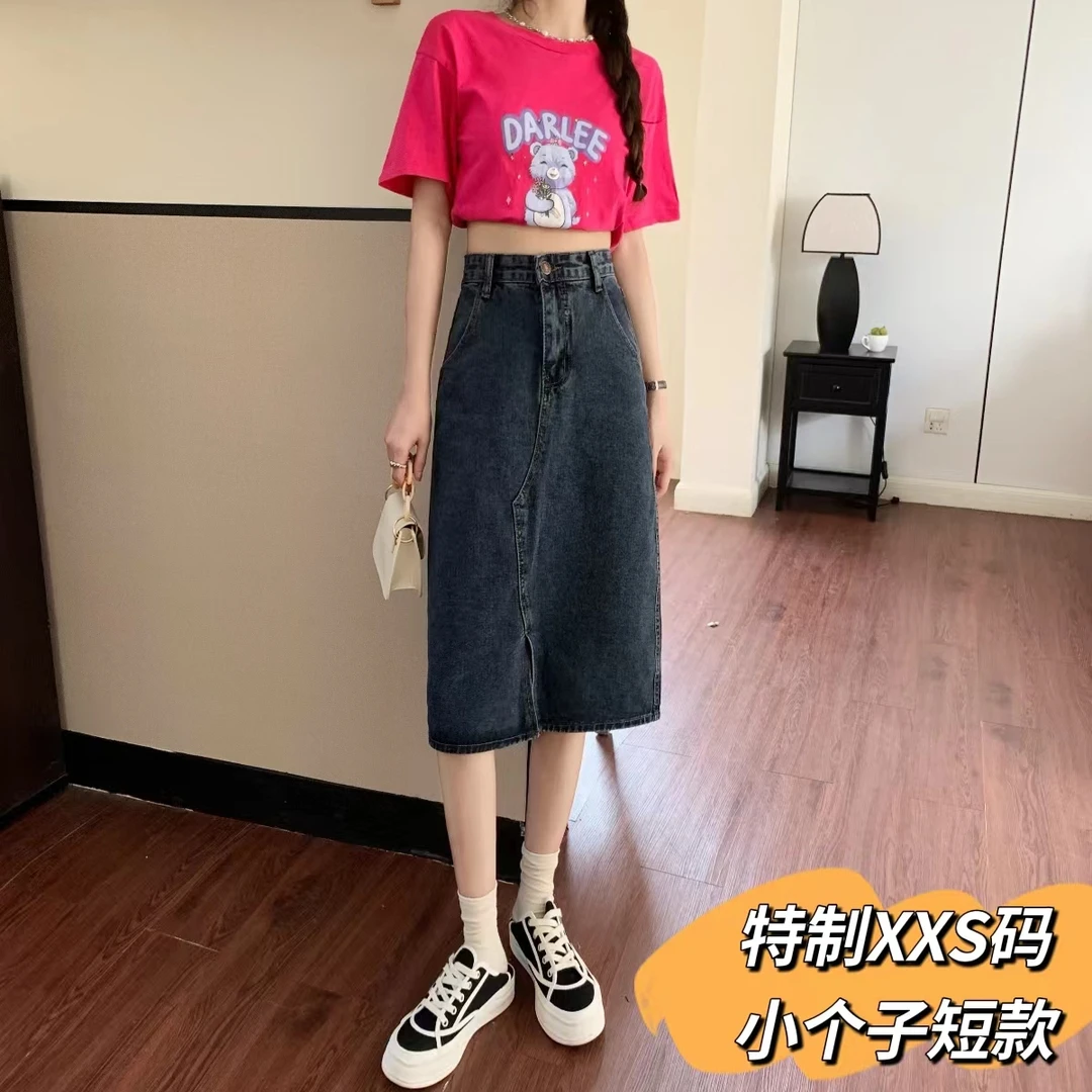 145小个子牛仔半身裙女中长款150复古蓝灰色高腰显瘦A字裙xxs码夏
