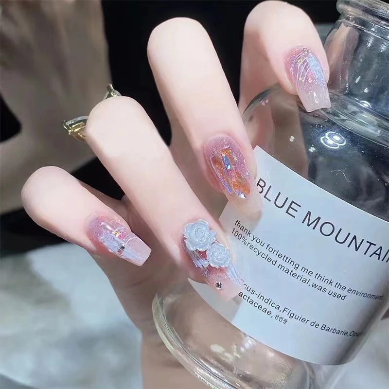 【长款】普罗旺斯穿戴甲极光紫假指甲贴山茶花新娘孕妇美甲贴 213