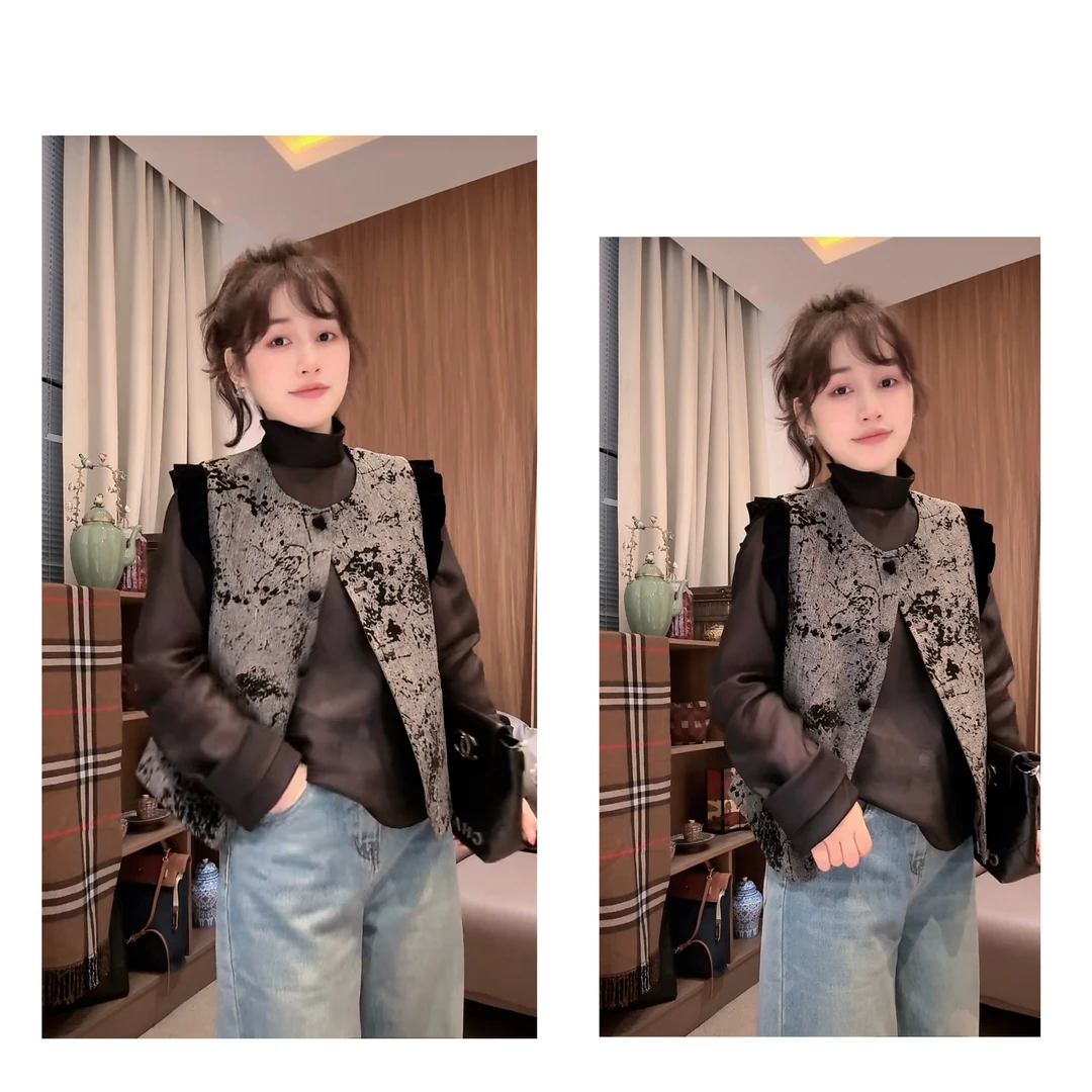 柚子新中式提花拼接绒马甲