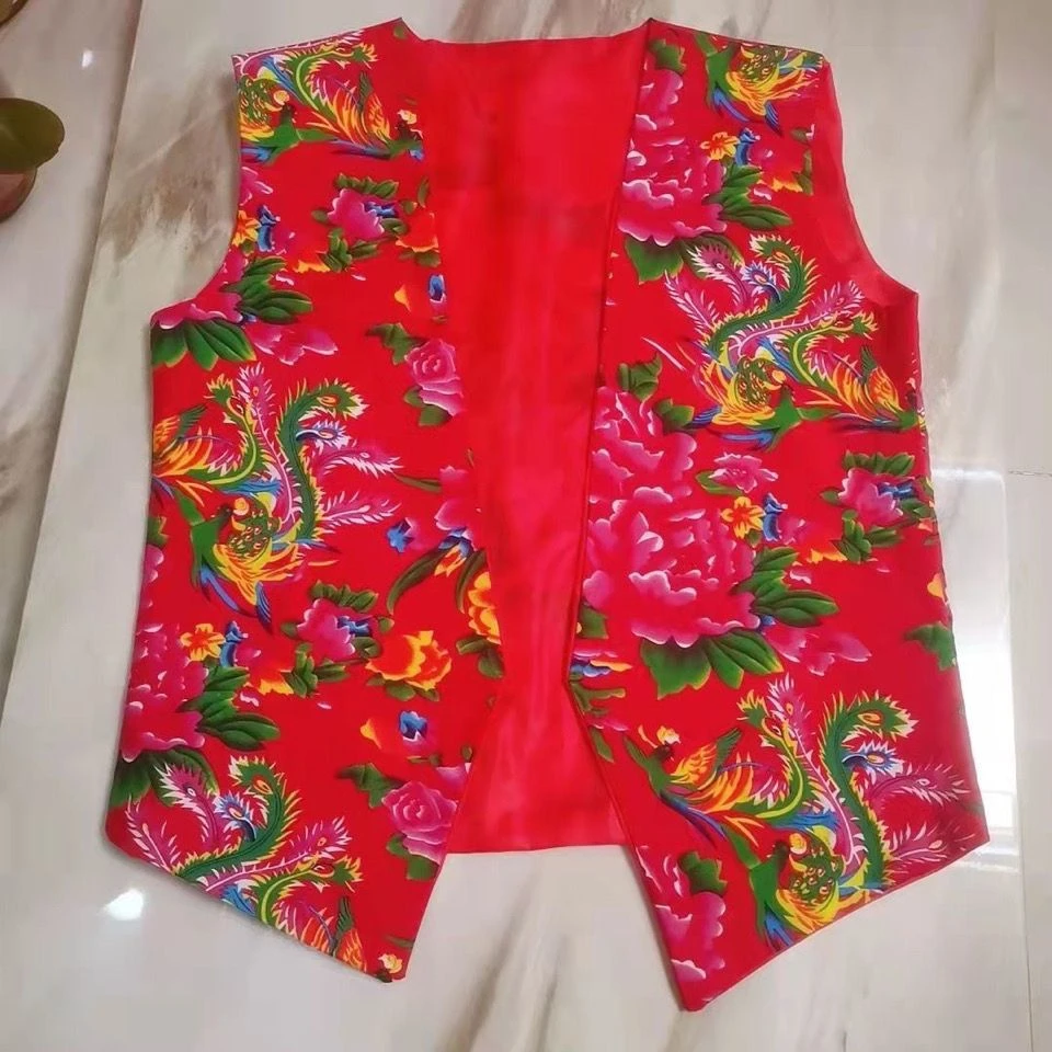 纯棉单件马甲二人转舞台演出服马甲喜庆大码东北大花布秧歌外套