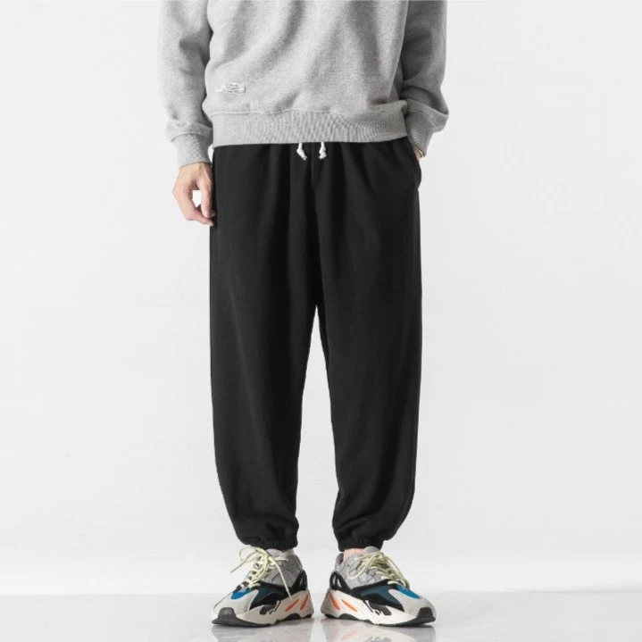 冬季加绒日系简约纯色运动裤卫裤男士宽松束脚裤长裤大码跑步秋冬