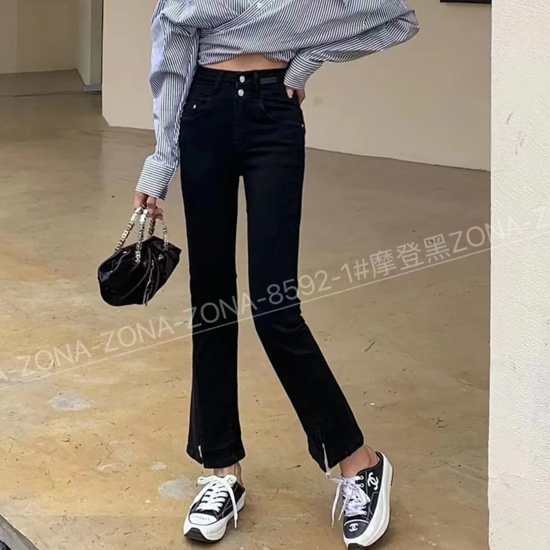 CCZ韩版高弹显瘦品质压线下脚小开叉修身牛仔烟管裤牛仔裤
