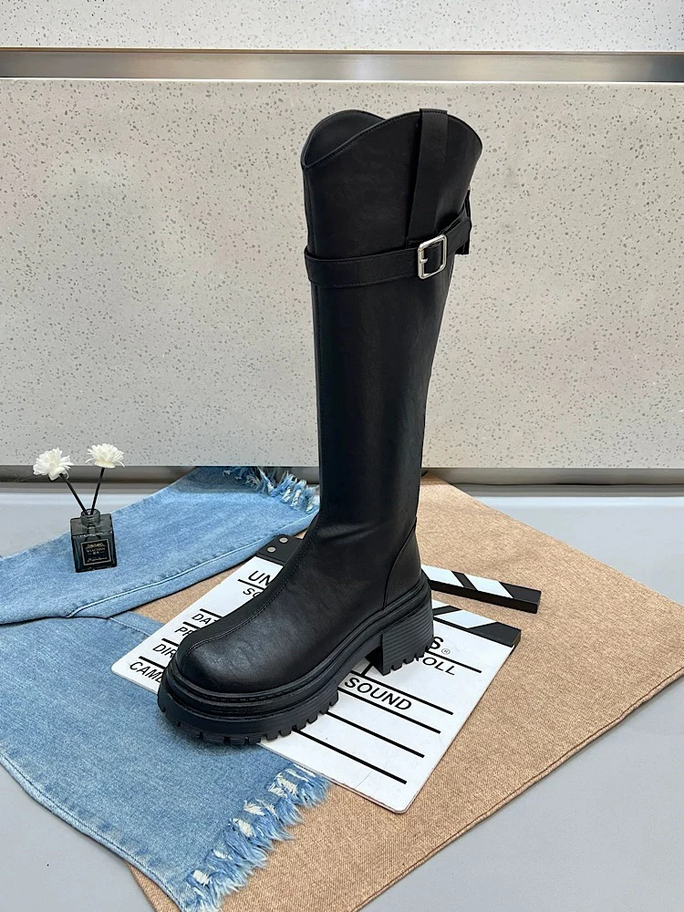 长筒靴女秋冬新款复古厚底高筒靴显瘦粗跟骑士靴
