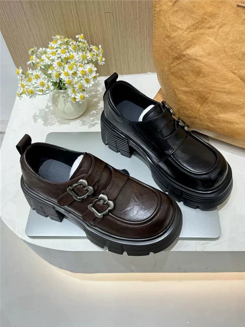 茉妮卡小皮鞋~松糕乐福鞋2024秋新英伦风真皮皮带扣单鞋DS028-08