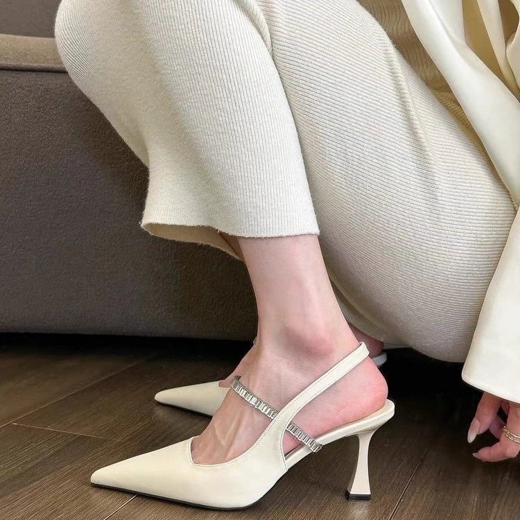 【斯卡伦】尖头细跟高跟法式单鞋女伴娘鞋一字带水钻气质包头凉鞋