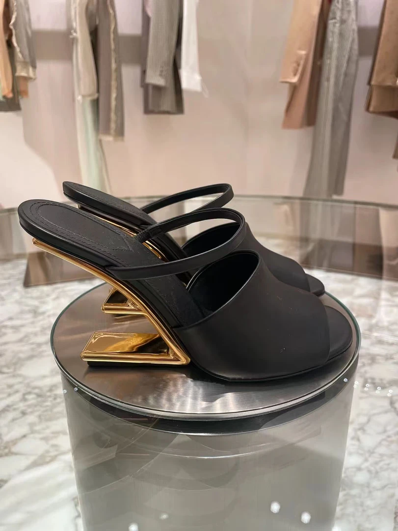 【斯卡伦】时尚显瘦显腿长一脚蹬时尚派对后绊带露趾鱼嘴异形跟凉鞋