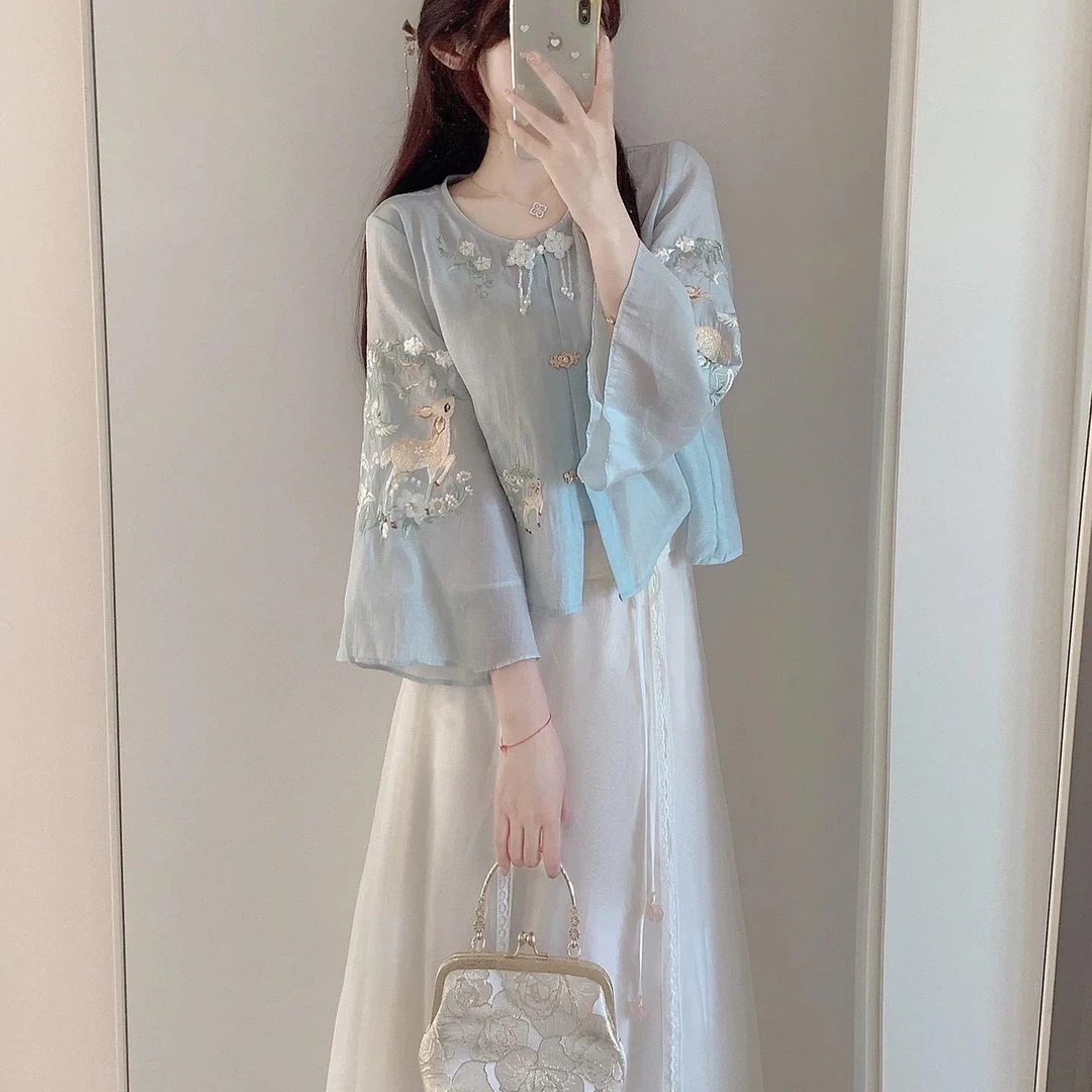 新中式国风套装连衣裙女早秋大码胖mm改良汉服气质高级感唐装裙子