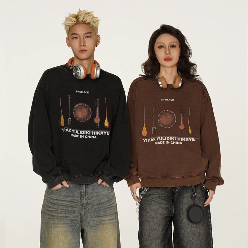 BH-BLACK新疆潮牌450克重磅蜡染水洗做旧卫衣男女同款潮牌卫衣男