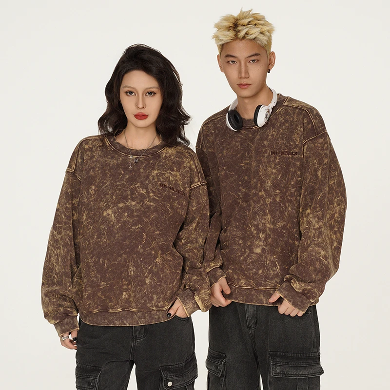 BH-BLACK新疆潮牌450克重磅蜡染水洗做旧卫衣男女同款圆领上衣