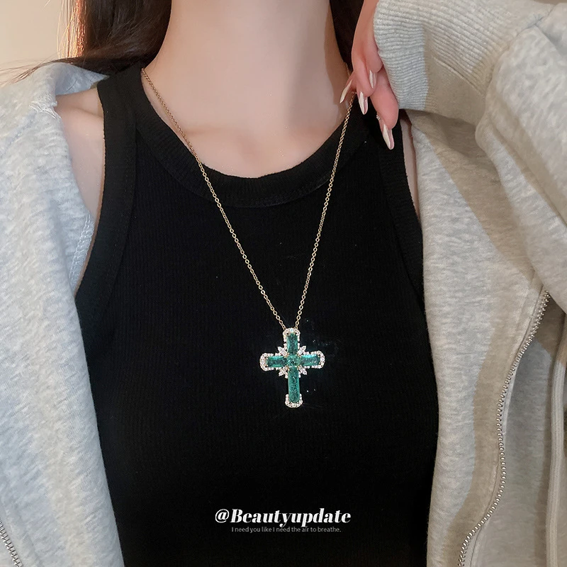 铜合金项链 十字架吊坠项链气质锁骨链小众时尚设计感毛衣链饰品