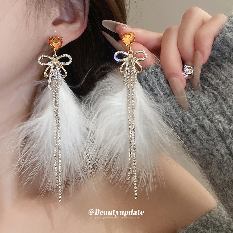 铜合金羽毛耳饰 镶钻蝴蝶结流苏羽毛耳钉超仙耳环时尚气质耳饰女