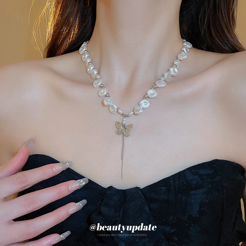 合金仿珍珠项链 蝴蝶珠珠流苏项链法式优雅设计感简约复古锁骨链