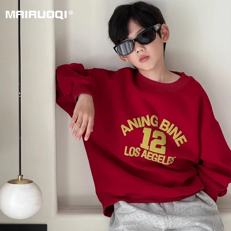 男童红色加绒卫衣秋冬2024新款本命年衣服冬季儿童一体绒加厚上衣