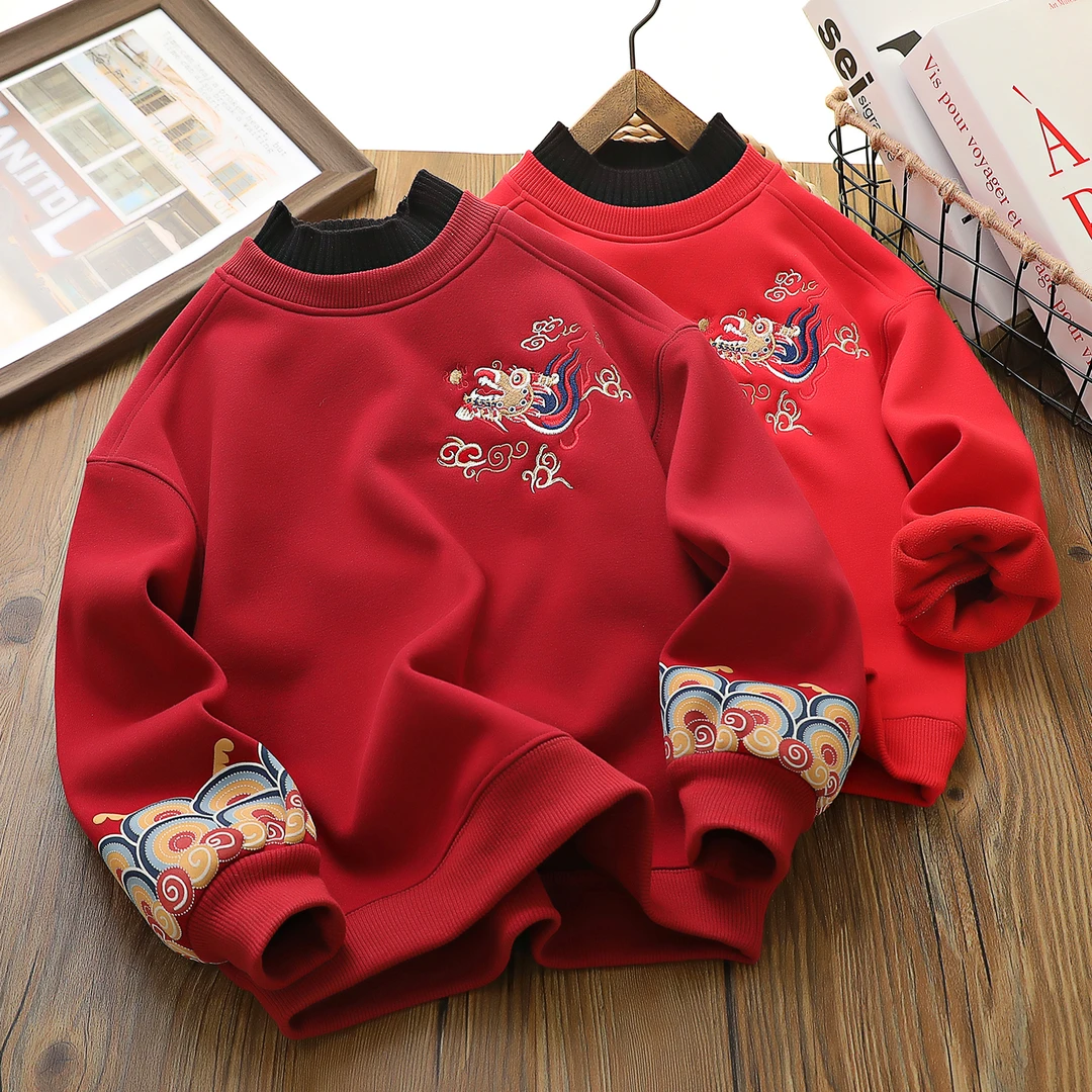儿童卫衣加绒男童女童秋冬红色中大童打底宝宝加厚龙年拜年服喜庆
