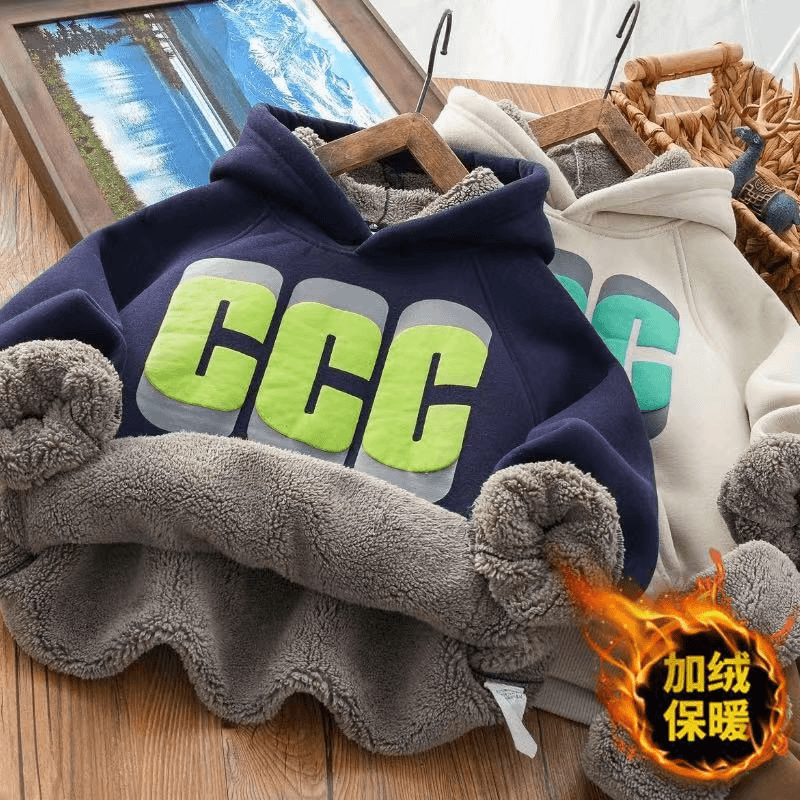 男童加绒加厚保暖连帽卫衣一体绒宽松冬季新款中大童上衣冬款童装