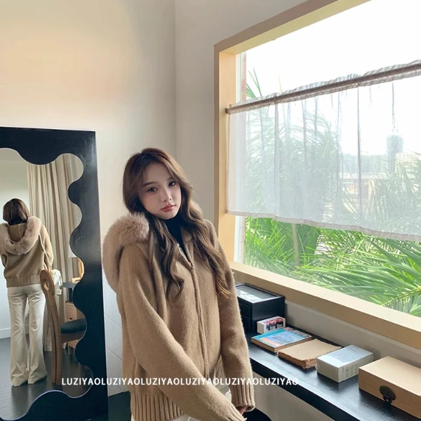 鹿子瑶小狐狸外套慵懒风秋冬毛衣外套女新款宽松连帽开衫