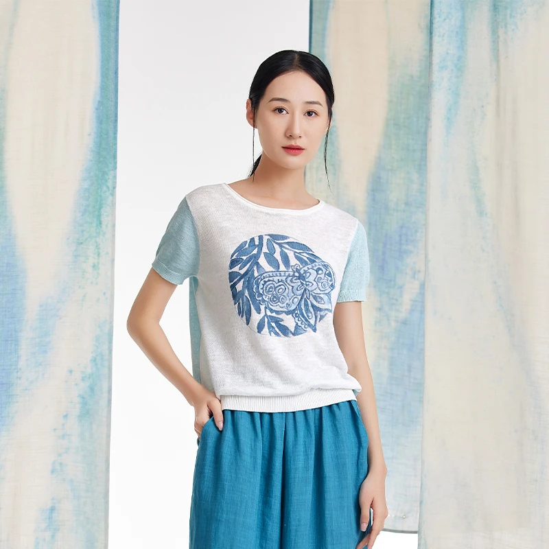 M..麻多多/2023春夏新款文艺气质清新短袖上衣拼接撞色23246336