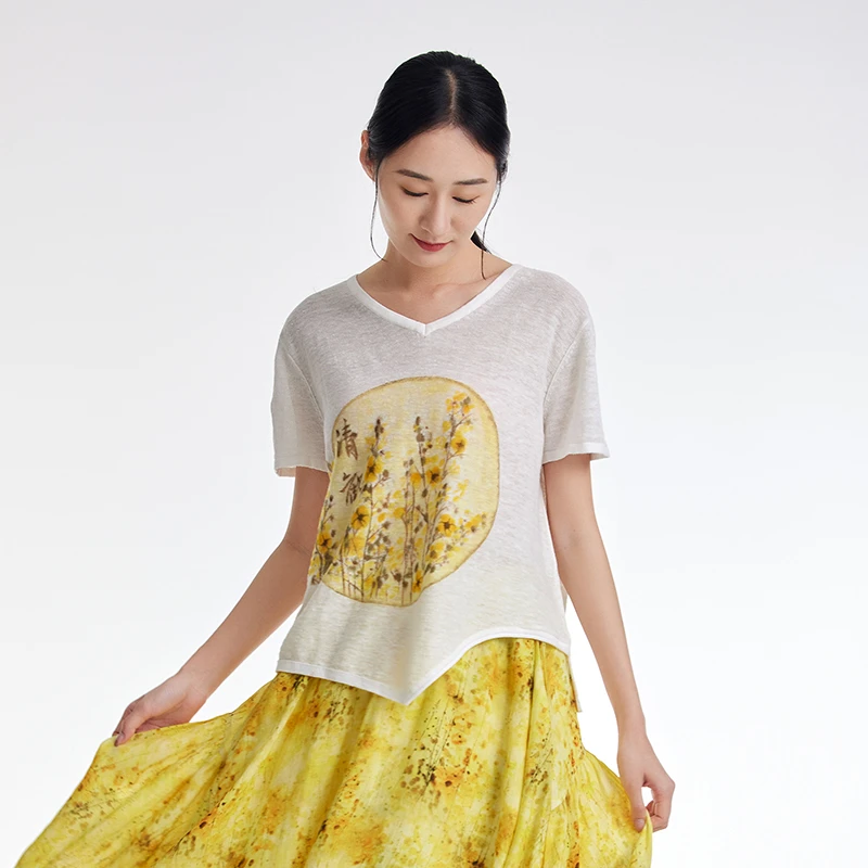 M..麻多多/2023春夏新款V领显瘦气质不规则下摆原创上衣 23246235