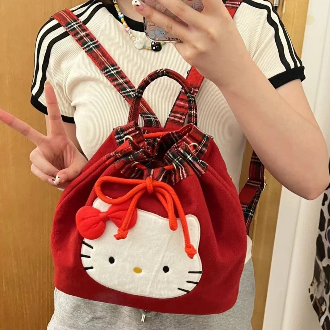 【萌夏】可爱Hello kitty复古红格子毛绒双肩包学院ins风新年小背包