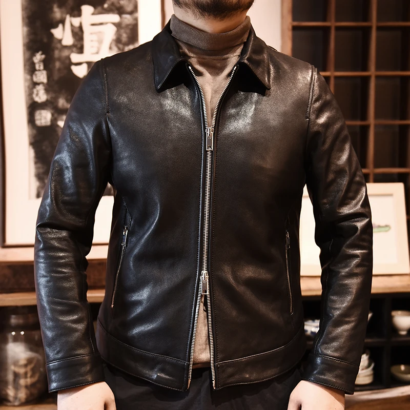 虎丁真皮-头层山羊皮男士皮衣经典翻领双拉链款-pks5019