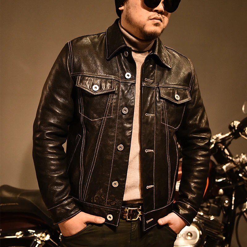 虎丁真皮 油蜡山羊皮牛仔款夹克男士休闲短款通用修身翻领皮衣507