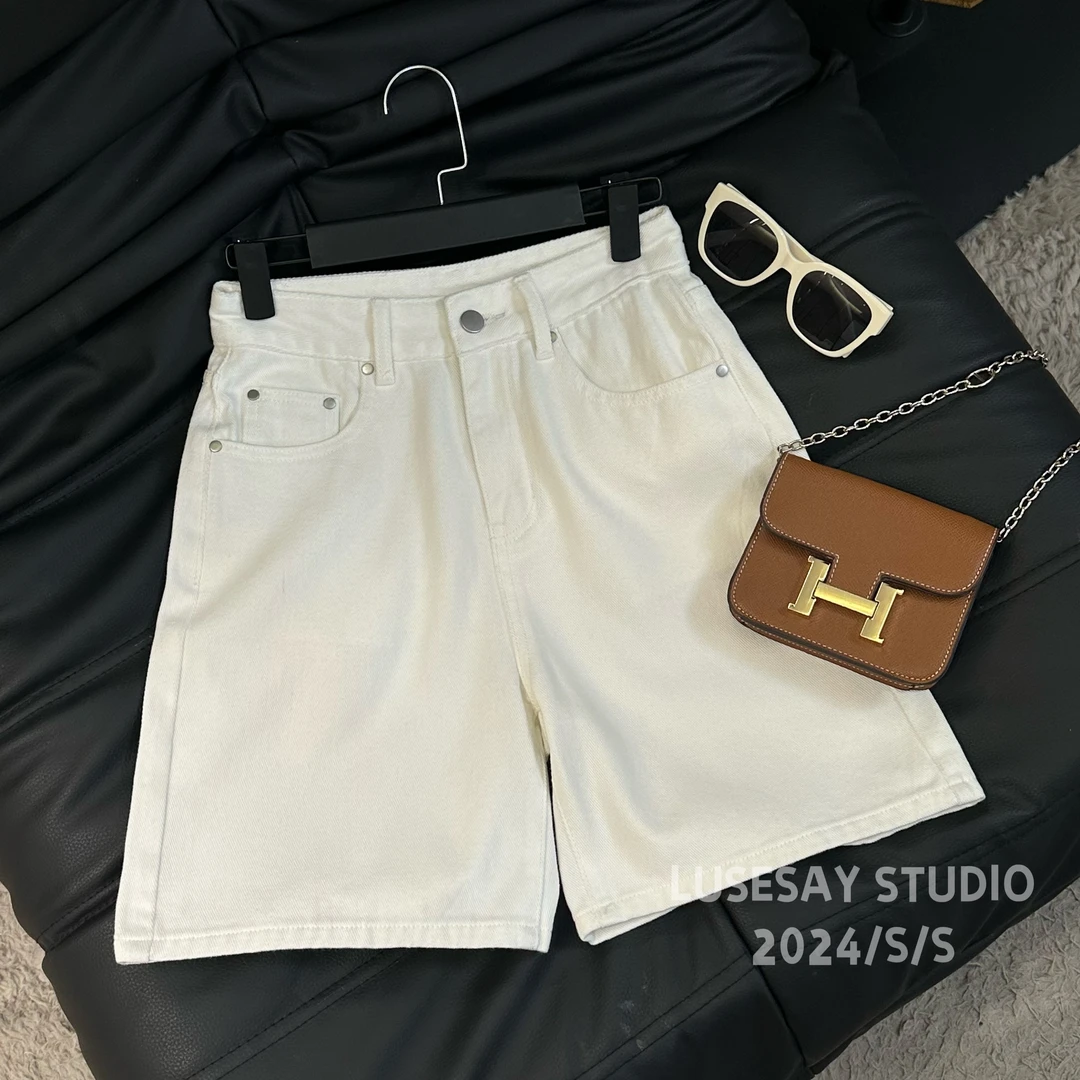 夏季2024新款白色牛仔短裤女高腰五分裤宽松阔腿直筒a字裤子
