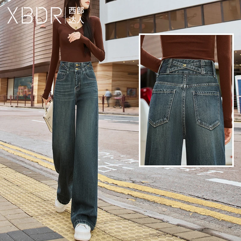 日常新中式蓝色高腰直筒阔腿牛仔裤女2025春季新款设计感时尚长裤