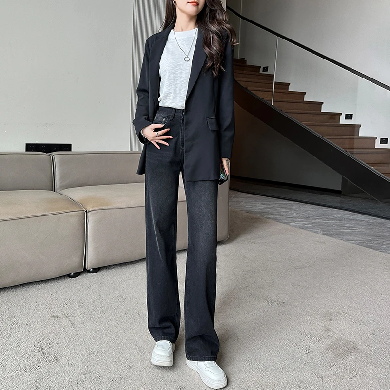 【小个子】2024年夏季百搭休闲牛仔裤女高腰显瘦直筒阔腿拖地裤