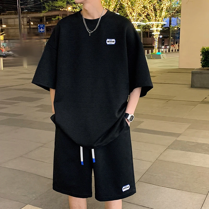 华夫格套装男夏季男装搭配一套帅气短袖短裤大码休闲运动外套男夏