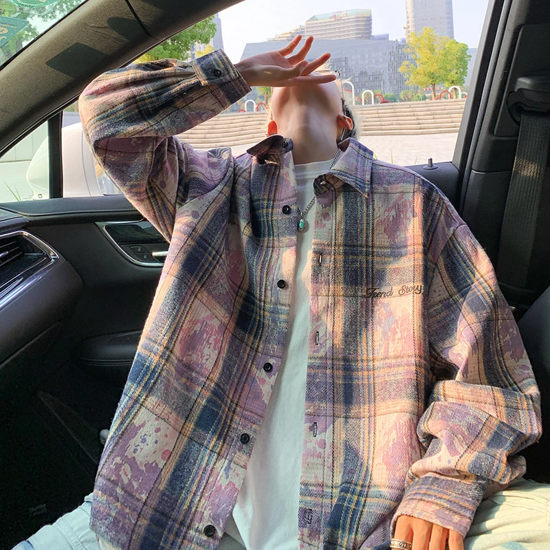 扎染格子长袖衬衫春秋季新款日系复古痞帅上衣宽松情侣衬衣外套