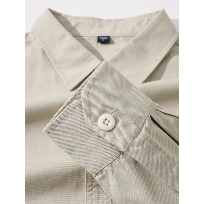 卡其色简约百搭宽松翻领纯棉长袖衬衫男日系休闲开衫外套春秋冬季