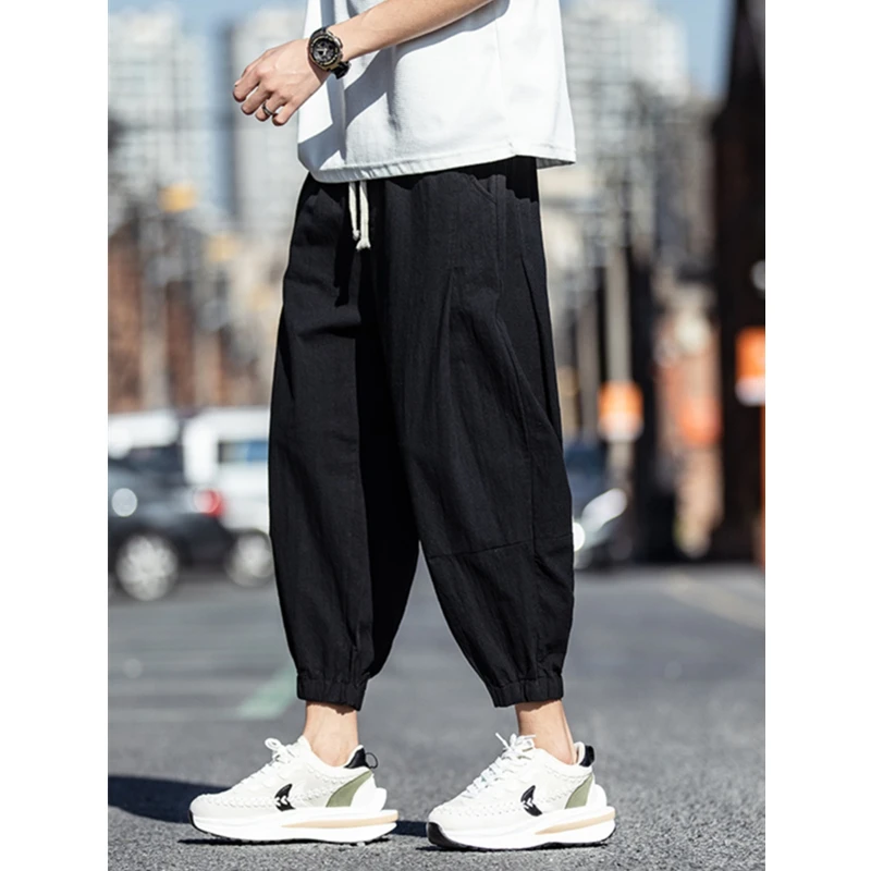 哈伦裤男八分裤夏季薄款亚麻裤日系cityboy裤子棉麻休闲裤束脚裤