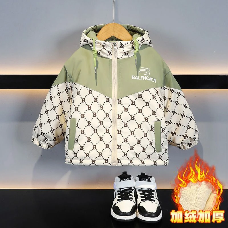 男童棉衣加绒外套冬款连帽加棉加厚2023新款痞帅儿童宝宝冬季棉服