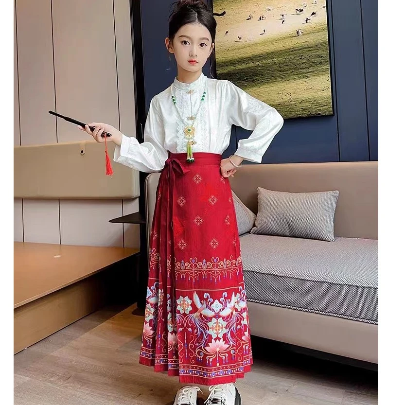 国风马面裙女童套装儿童汉服半身裙长袖古风日常秋季潮流百搭裙子