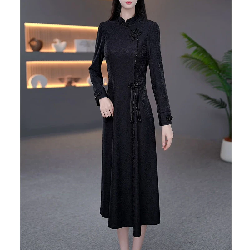 DBF-24B225YR 新款2025年秋冬季加厚显瘦中长款旗袍连衣裙M-5XL