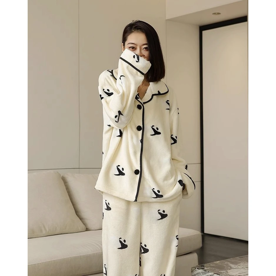 睡衣女秋冬季珊瑚绒ins风新款可爱熊猫加绒加厚保暖居家服两件套