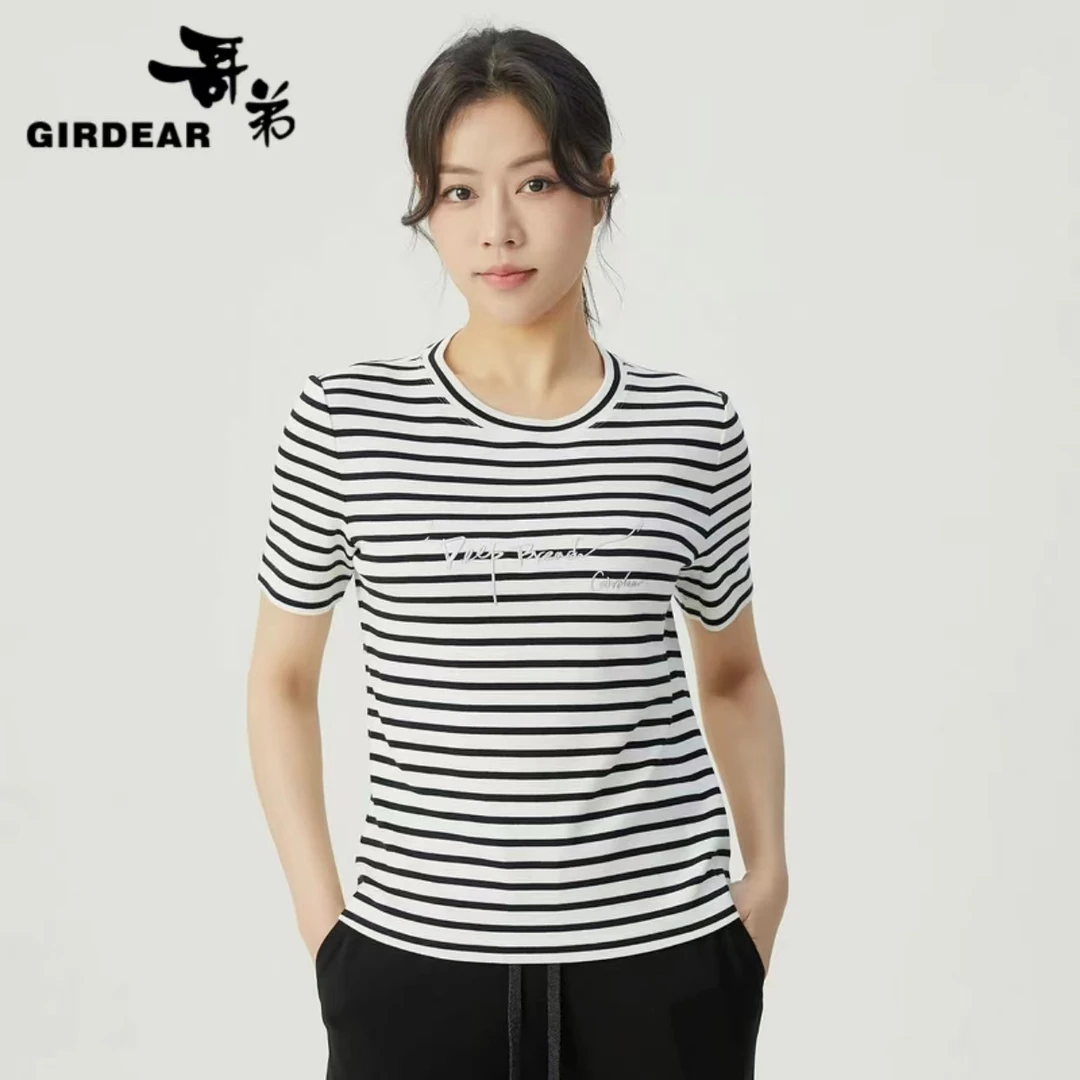 GIRDEAR/哥弟百搭气质减龄圆领彩条短袖深呼吸休闲修身T恤1300896