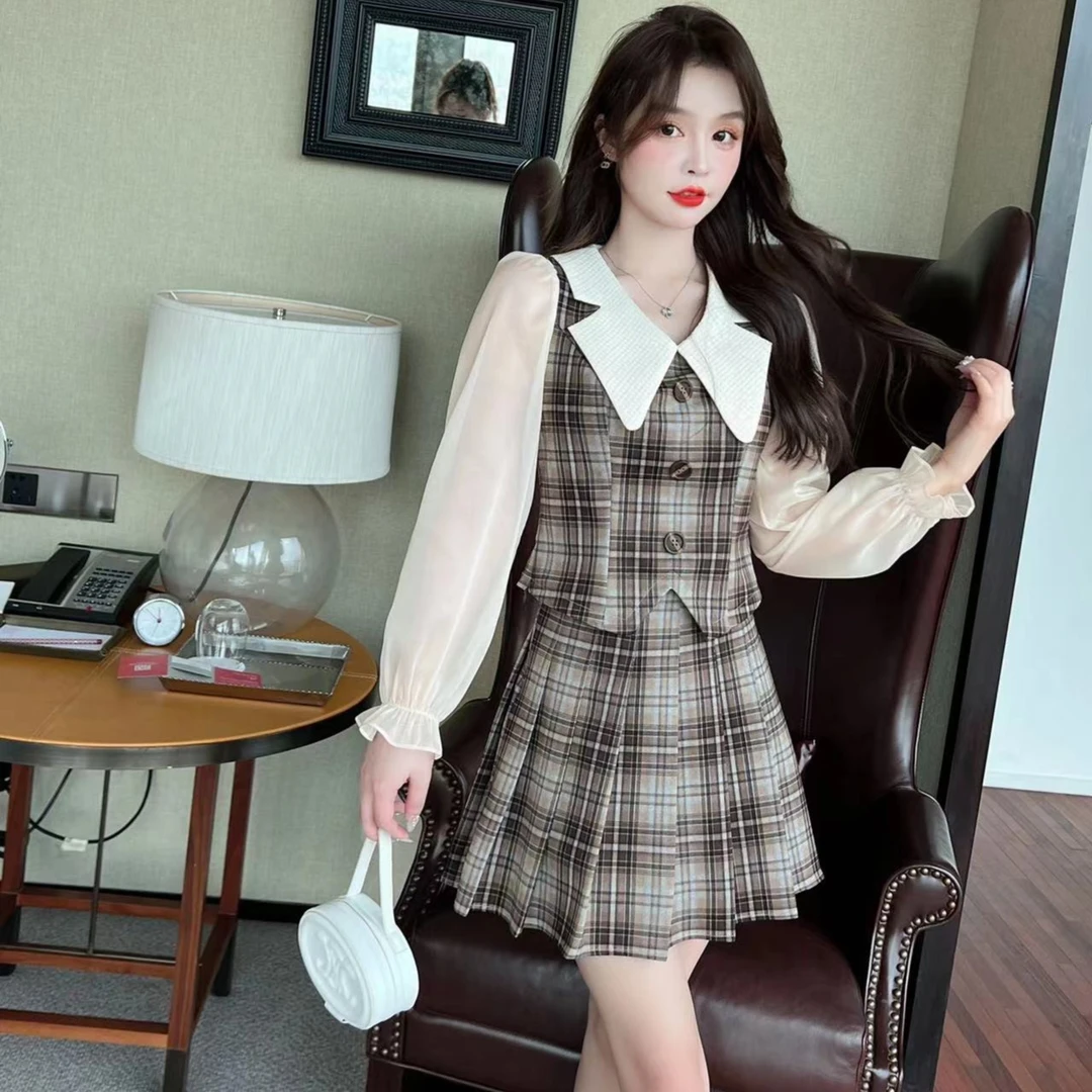 春装新款女格子套装气质时尚显瘦收腰学院风连衣裙减龄百褶短裙