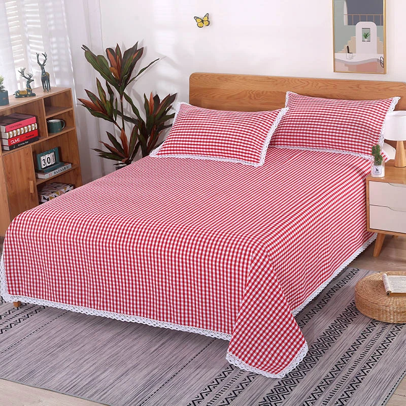 老粗布<细纱>【花边床单单件】<中国红小格>250X250cm<±5cm>透气