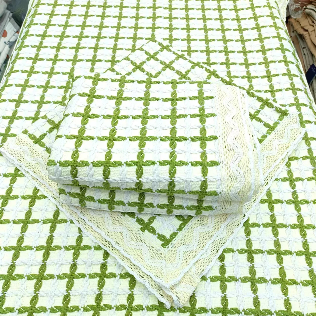 老粗布【沙发巾三件套】<小香风-绿格>加厚 简约家用透气三条一套装