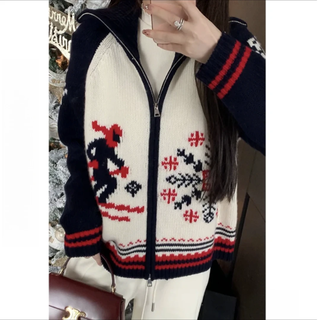 网感韩系翻领滑雪提花宽松双拉链雪花费尔岛提花冬季款针织外套