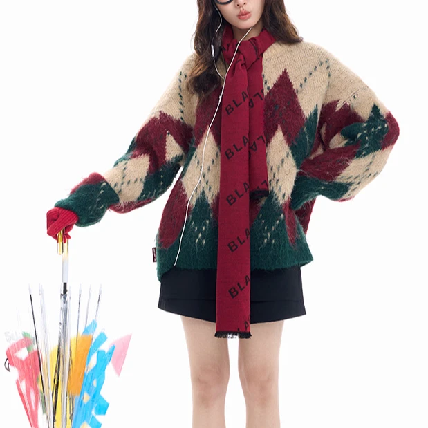 网红同款格纹小众设计款不计后果圣诞穿搭毛衣软糯款撞色针织毛衣