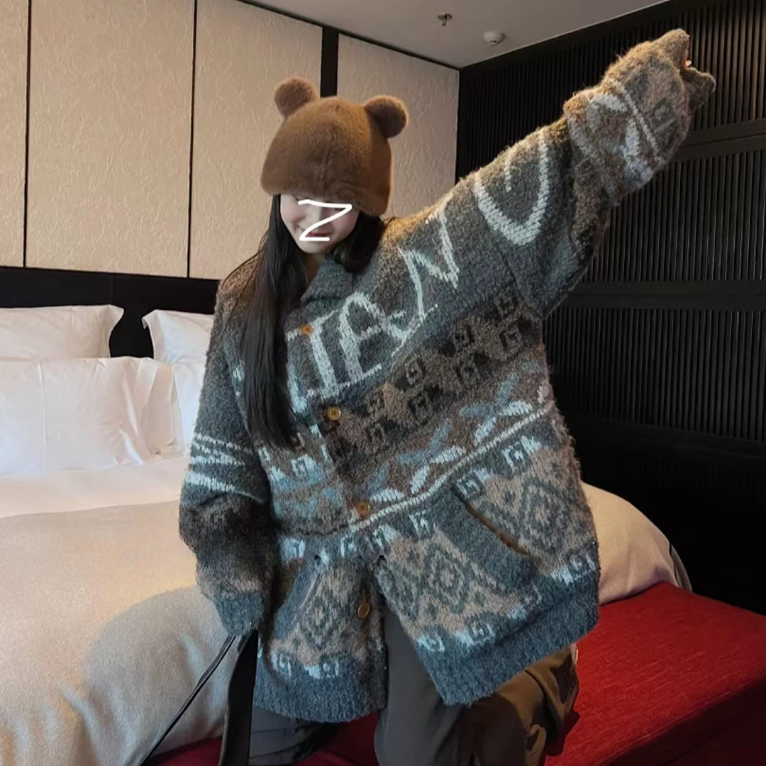 韩系费尔岛大棉被秋冬款超厚慵懒风美拉德宽松中长款针织加绒外套