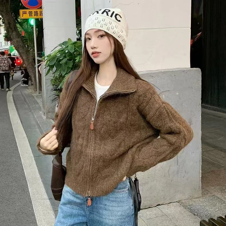 韩系小众设计款双头拉链百搭慵懒风复古美拉德针织毛衣开衫网红