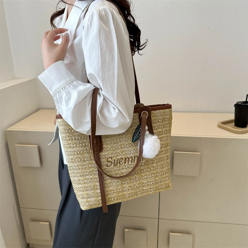 编织时尚大容量拼接单肩包2023夏季新款洋气休闲包气质简约托特包