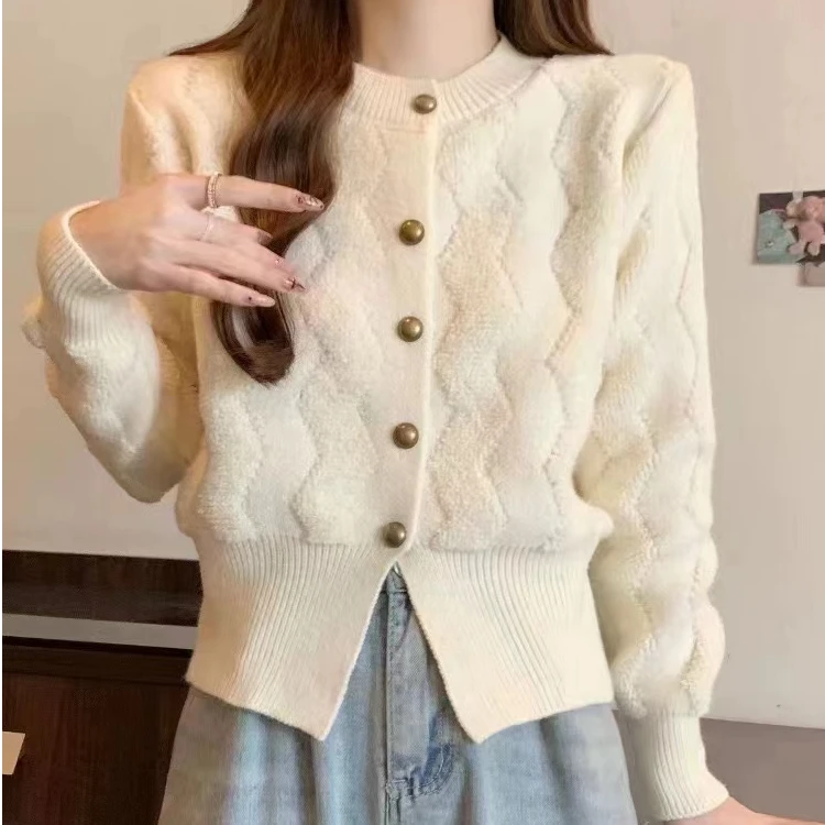 韩版单排扣浮雕花纹毛衣开衫女秋冬气质时尚减龄针织上衣333