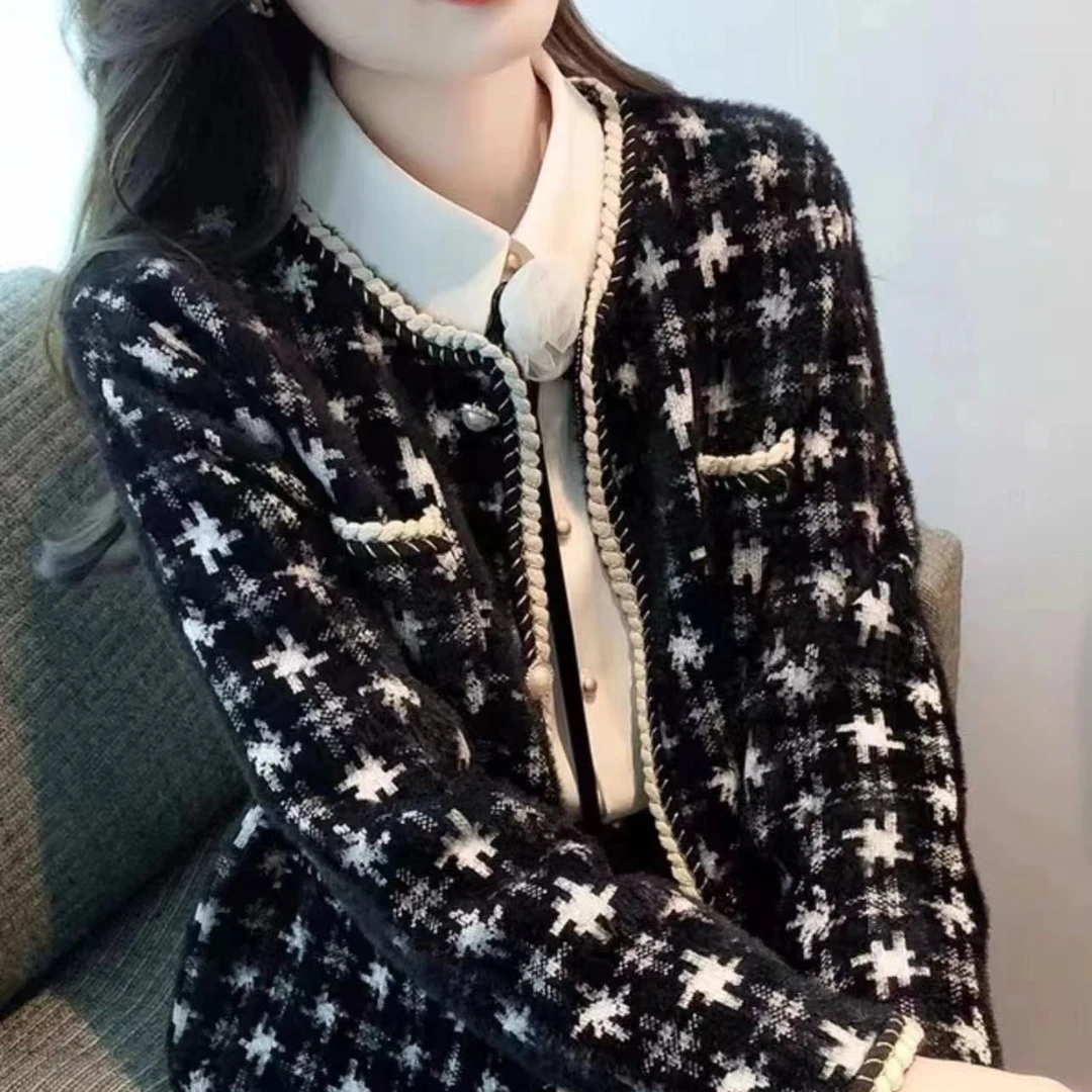 【现货专属】千鸟格子短外套女春秋新款小香风开衫毛衣长袖1658