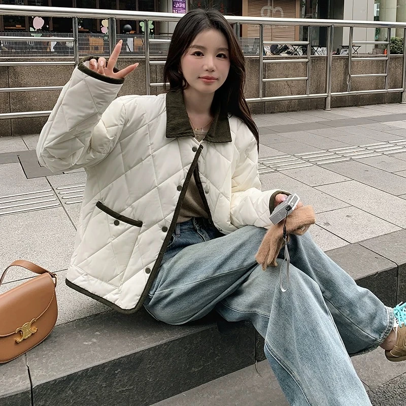 撞色翻领棉服洋气小个子短外套棉衣