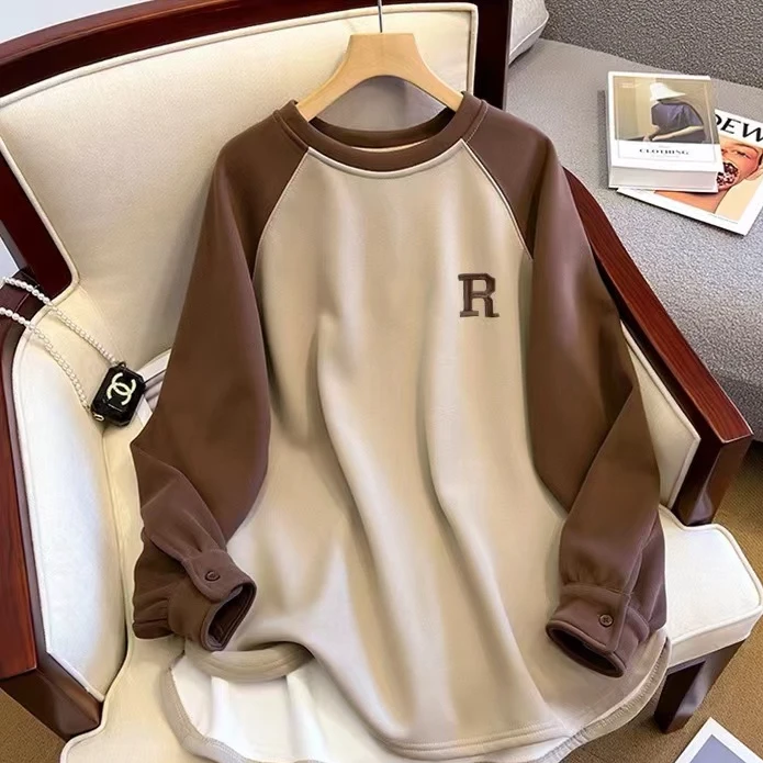 加绒加厚螺纹袖口圆领打底小衫卫衣