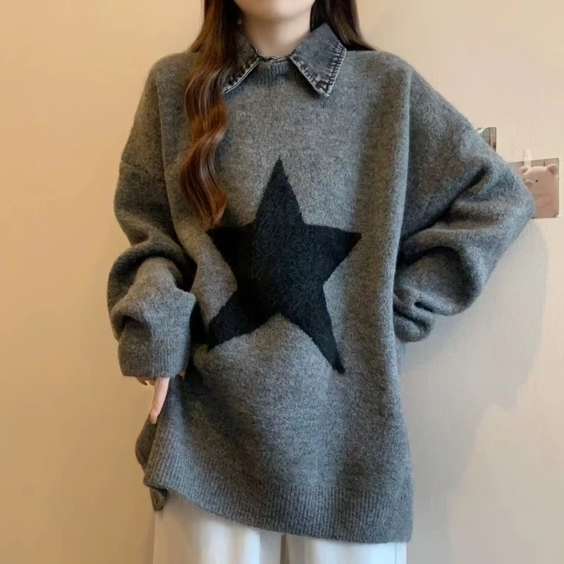 假两件牛仔拼接Polo领星星毛衣宽松针织衫
